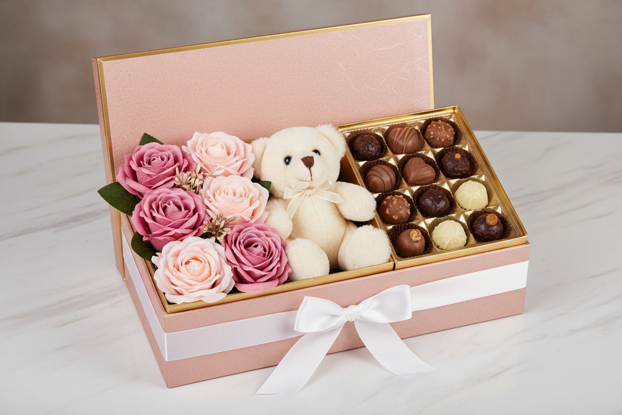 créer moi un coffret simple avec des roses artificielles, une peluche mignonne et des chocolats.